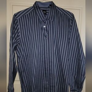 Hugo Boss Men's Dark Navy Blue Striped Luxury Designer Button Down Shirt